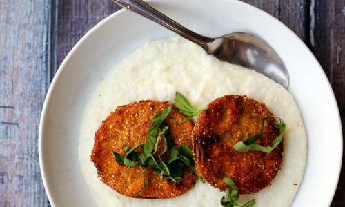 Fried Green Tomatoes over Basil-Goat Cheese Grits Vegetarian Recipe