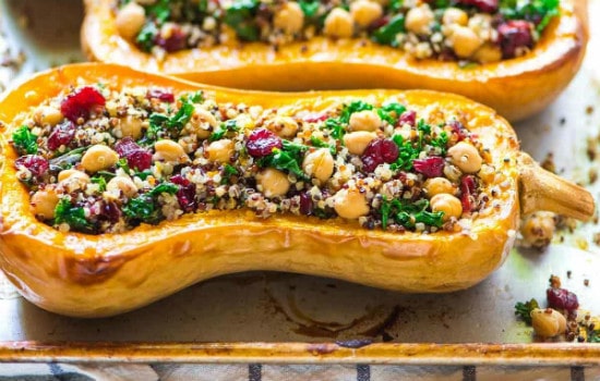 Vegan Stuffed Butternut Squash with Quinoa Cranberries and Kale Recipe