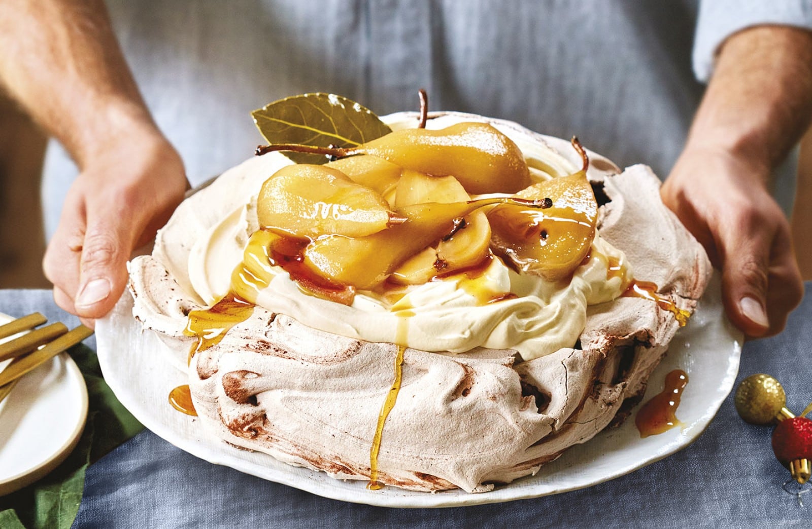 Choc Pavlova with Spiced Pears