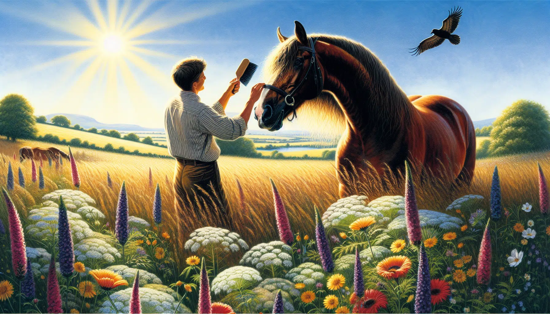 A person using a grooming brush on a horse, demonstrating everyday grooming practices.
