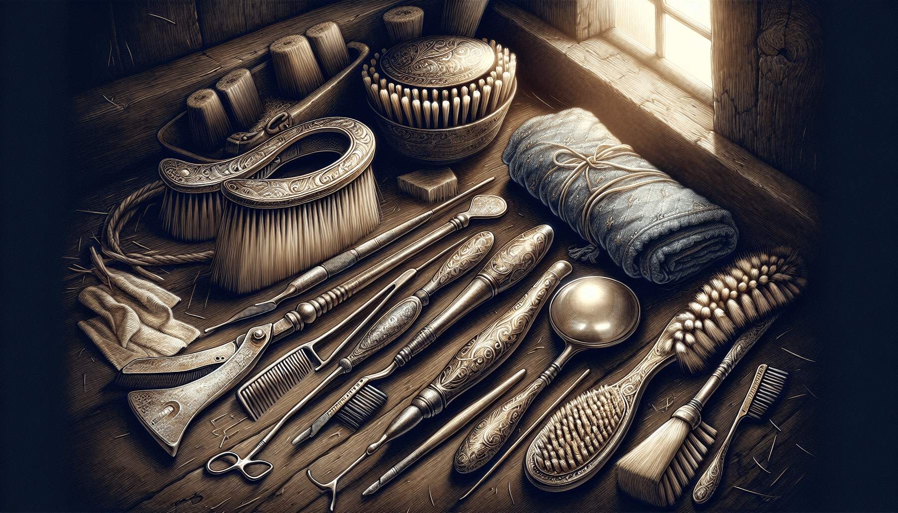 Essential tools for hoof care, including brushes and hoof picks.