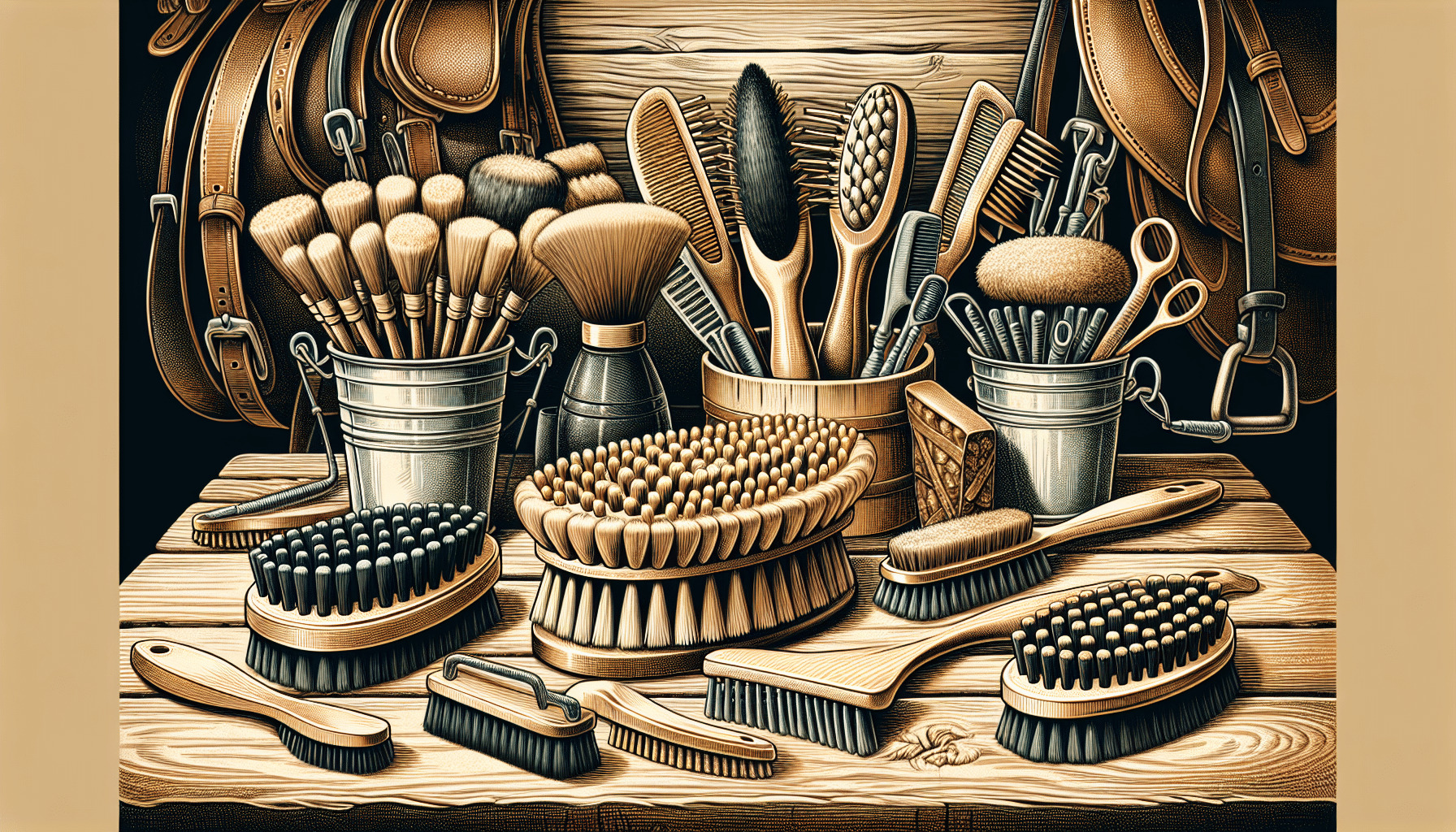 A selection of specialized horse brushes for different grooming needs.