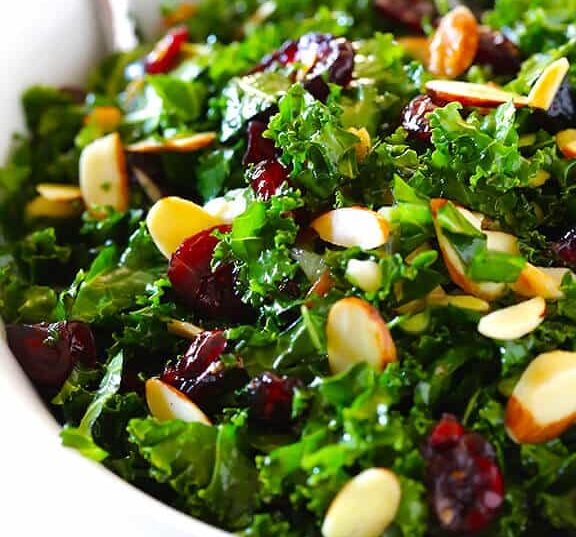 Kale Salad with Warm Cranberry Almond Vinaigrette