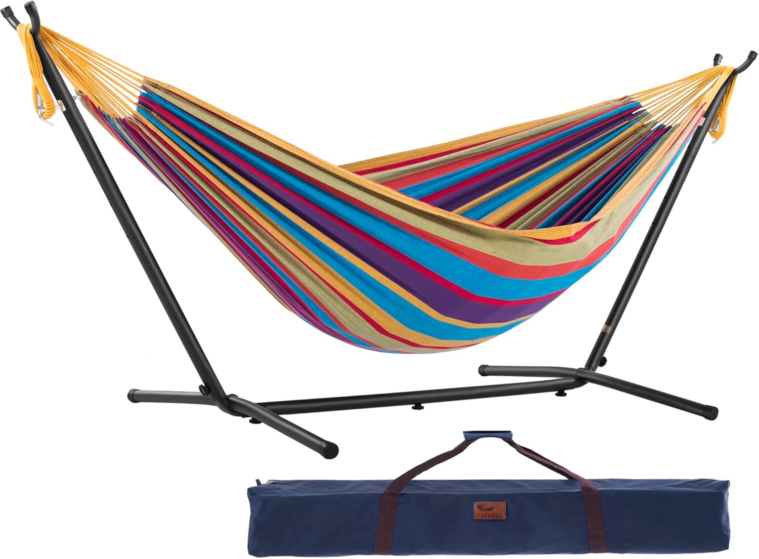 Vivere Double Cotton Hammock with Space-Saving Steel Stand